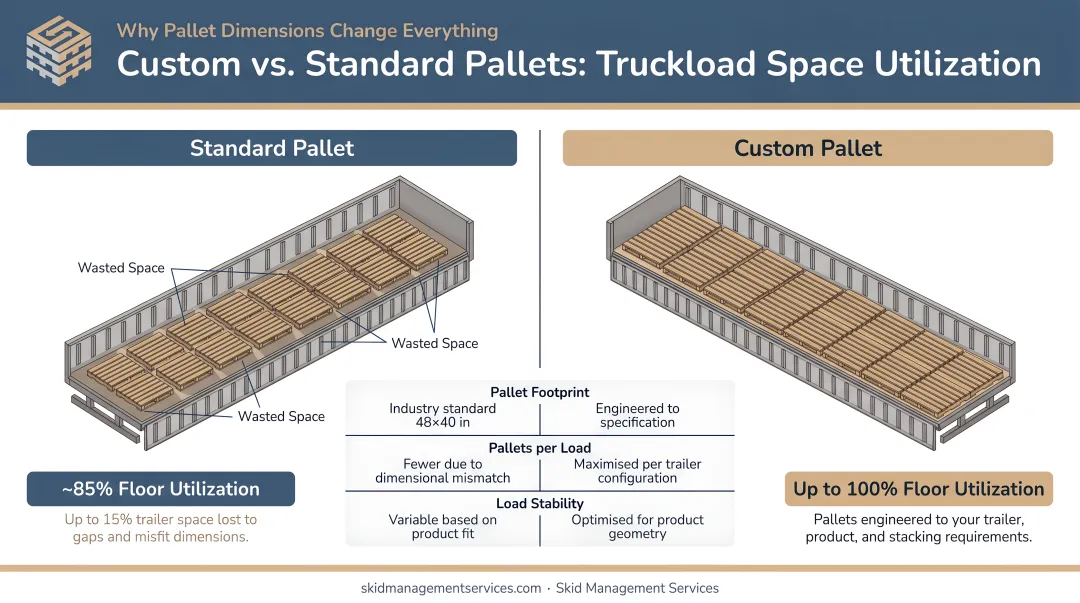 Custom versus standard pallet truckload space utilization comparison infographic