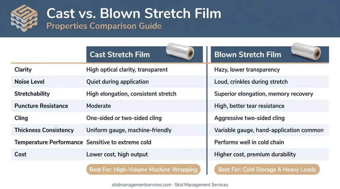 Cast versus blown stretch film properties side-by-side comparison infographic