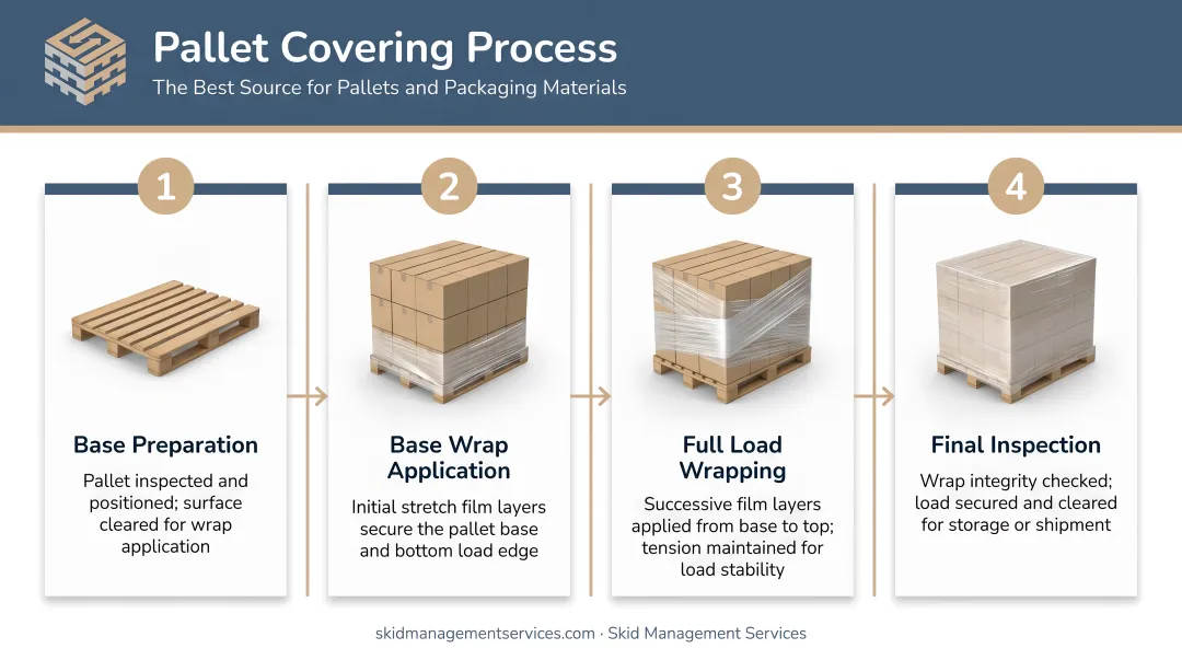 Four-step pallet covering process from base wrapping to final inspection