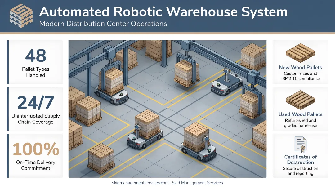 Automated robotic warehouse system handling pallets in modern distribution center