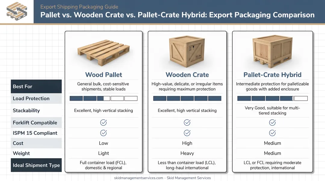 Pallet versus wooden crate versus pallet-crate hybrid packaging comparison for export shipping