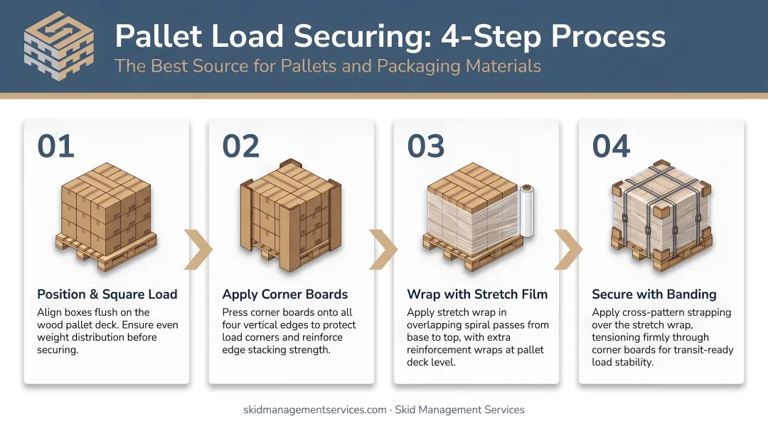 4-step pallet load securing process with stretch wrap banding and corner boards