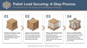 4-step pallet load securing process with stretch wrap banding and corner boards