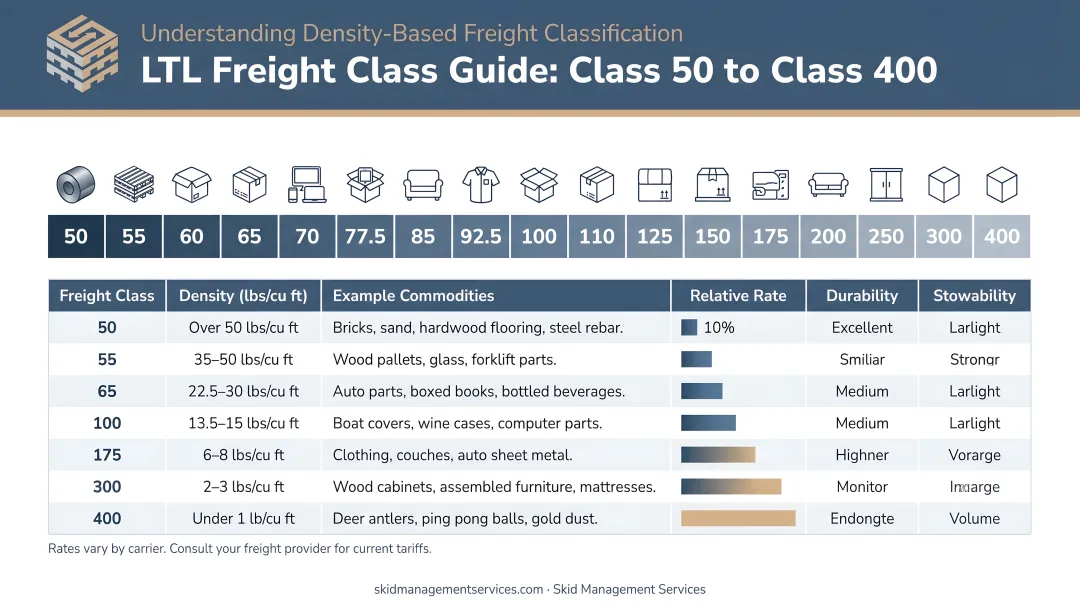 LTL freight class density chart from class 50 to 400 comparison infographic