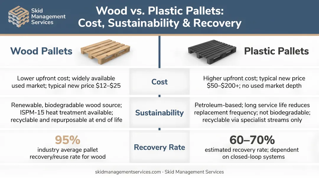 Wood versus plastic pallet comparison showing cost sustainability and recovery rates