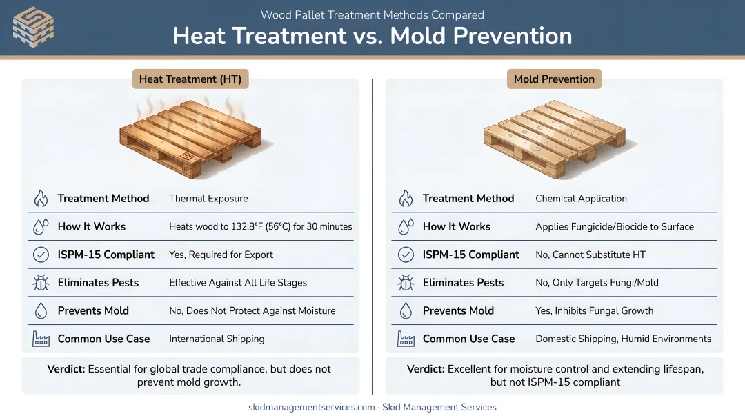 Heat treatment versus mold prevention side-by-side comparison infographic for wood pallets