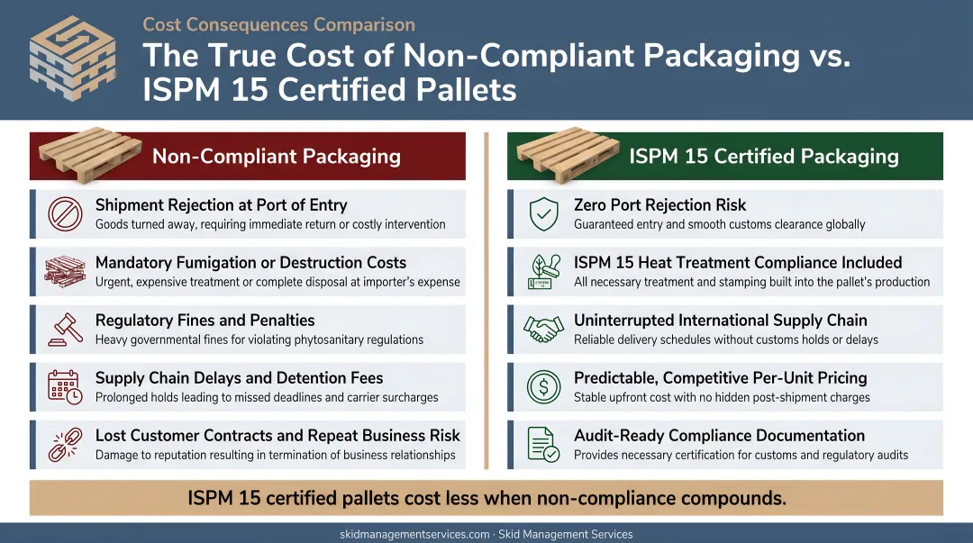 Non-compliant packaging compounding cost consequences versus ISPM 15 certified packaging cost comparison