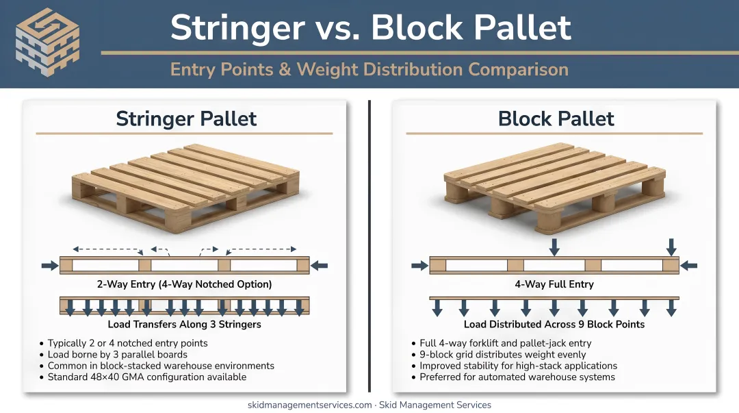 Stringer versus block pallet design comparison showing entry points and weight distribution