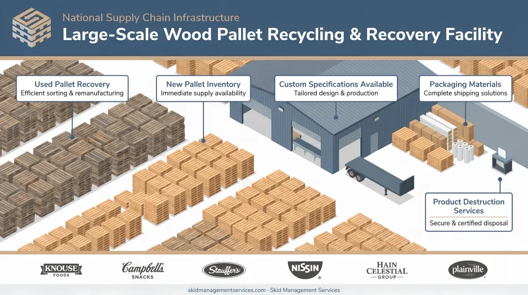 Large-scale wooden pallet recycling and recovery facility with stacked pallets