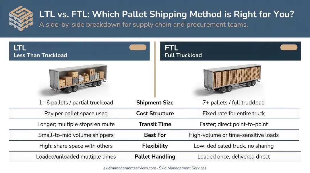 LTL versus FTL pallet shipping side-by-side comparison infographic with key differences