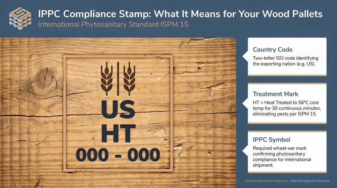 IPPC compliance stamp on wood pallet showing country code and HT treatment mark