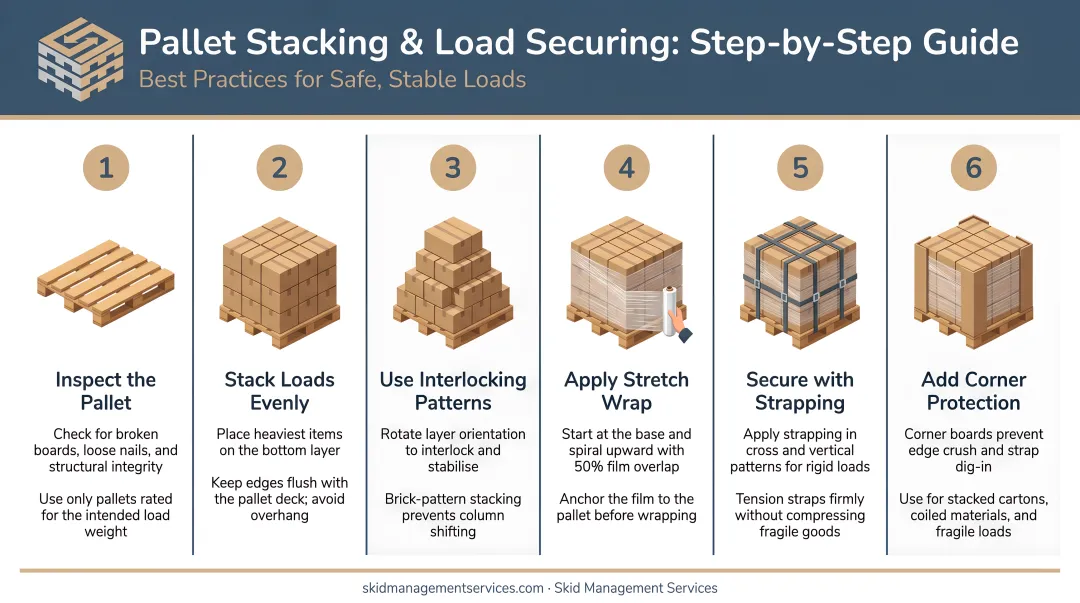 Step-by-step pallet stacking and load securing methods process infographic