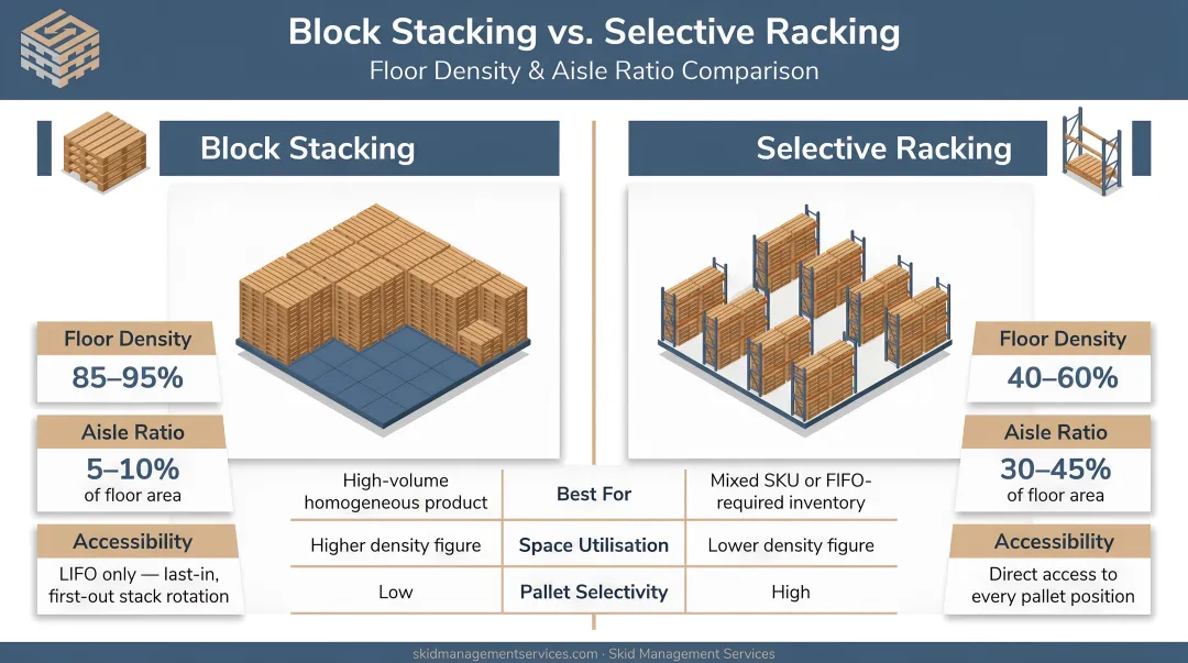 Block stacking versus selective racking floor density and aisle ratio comparison
