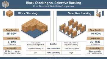 Block stacking versus selective racking floor density and aisle ratio comparison