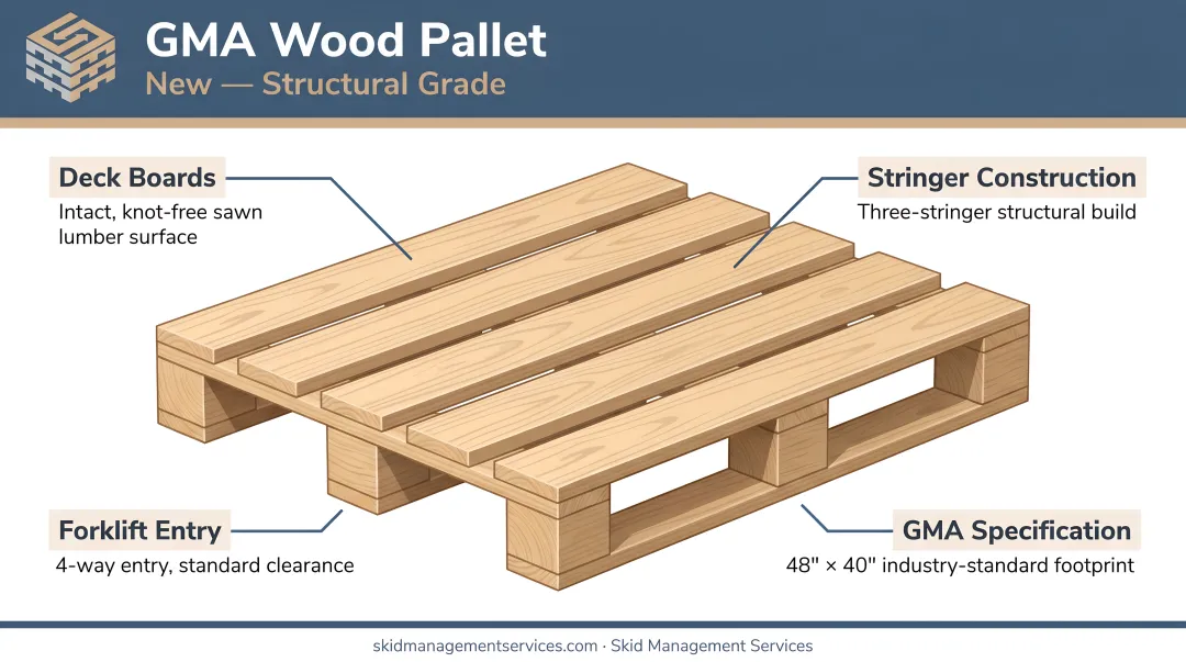 New GMA wood pallet showing intact deck boards and structural build quality