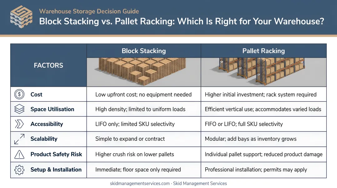 Block stacking versus pallet racking six-factor side-by-side decision comparison chart