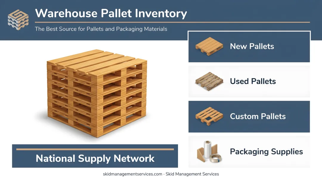 Skid Management Services warehouse pallet inventory stacked and ready for distribution