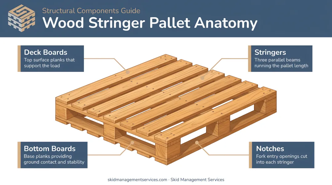 Wood stringer pallet anatomy diagram showing four main structural components