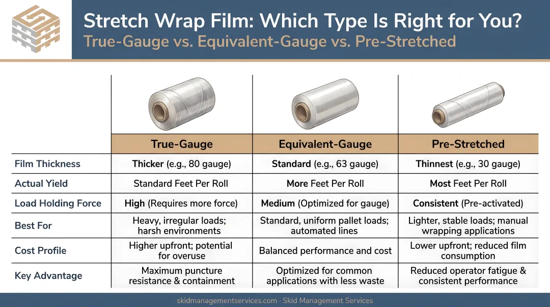 Three stretch wrap film types true-gauge equivalent-gauge and pre-stretched compared