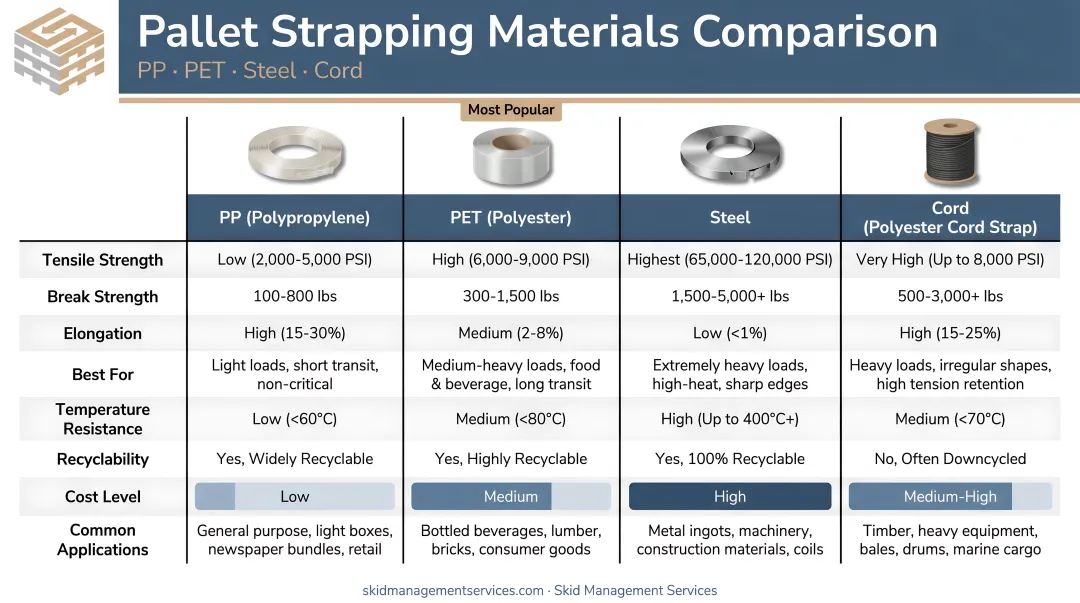 Four pallet strapping materials comparison chart PP PET steel cord