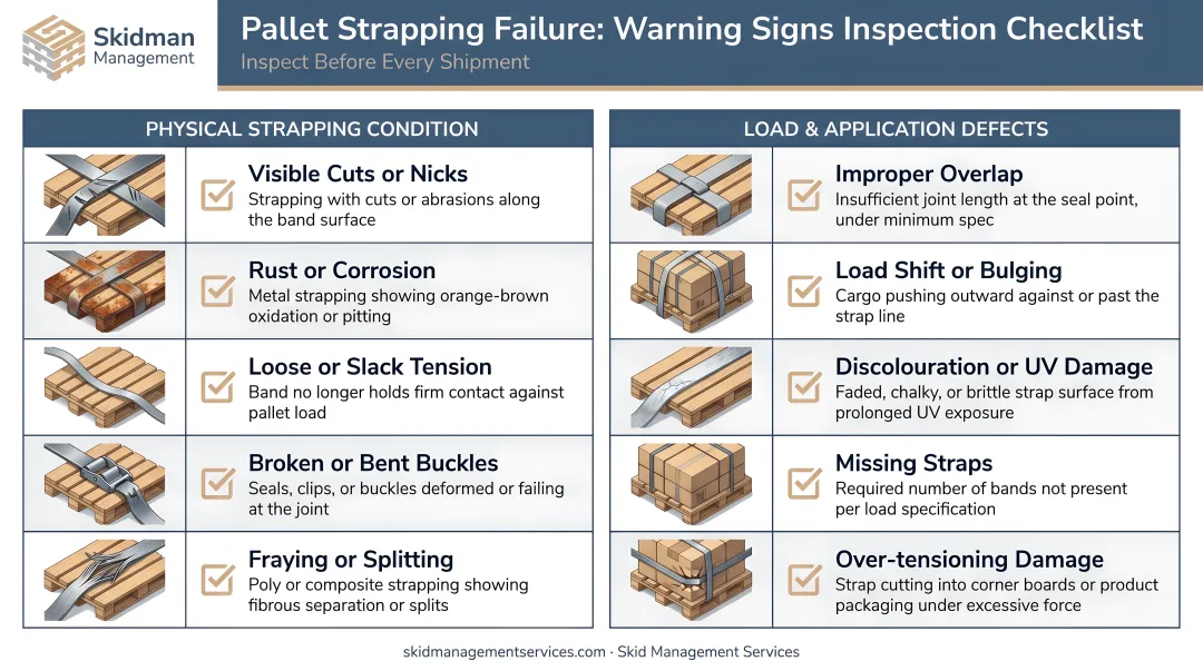 Pallet strapping failure warning signs inspection checklist infographic