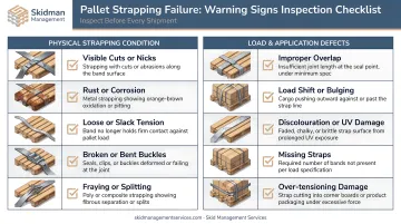 Pallet strapping failure warning signs inspection checklist infographic