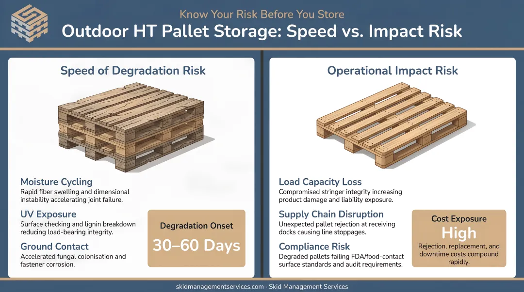 Two-category outdoor HT pallet storage risk comparison infographic showing speed and impact