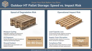 Two-category outdoor HT pallet storage risk comparison infographic showing speed and impact