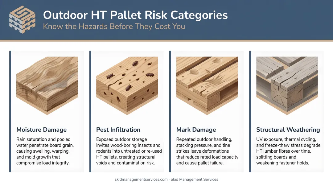 Four outdoor HT pallet risk categories moisture pests mark damage and structural weathering