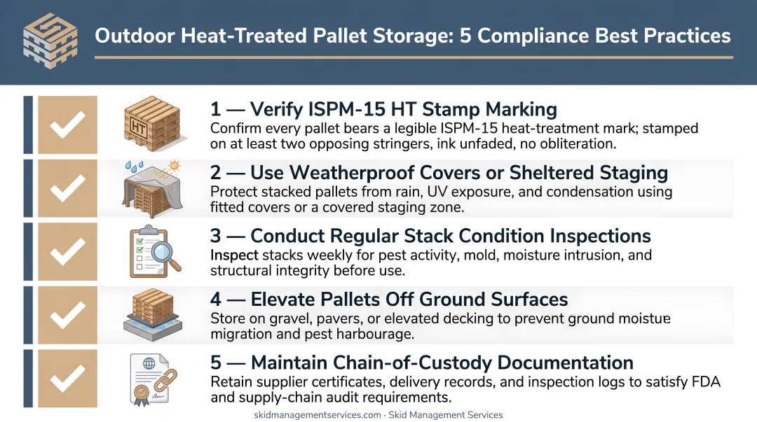 Five best practices for outdoor heat-treated pallet storage compliance checklist infographic