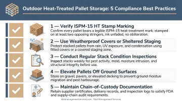 Five best practices for outdoor heat-treated pallet storage compliance checklist infographic