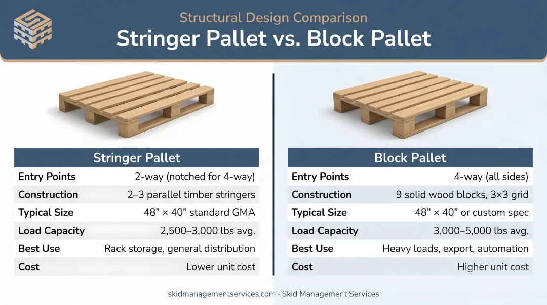 Stringer pallet versus block pallet structural design comparison infographic