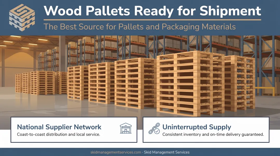 Wood pallets staged in large food manufacturing distribution facility ready for shipment