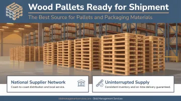 Wood pallets staged in large food manufacturing distribution facility ready for shipment