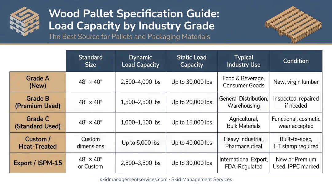 Wood pallet specification comparison chart by industry load capacity grade and sizing