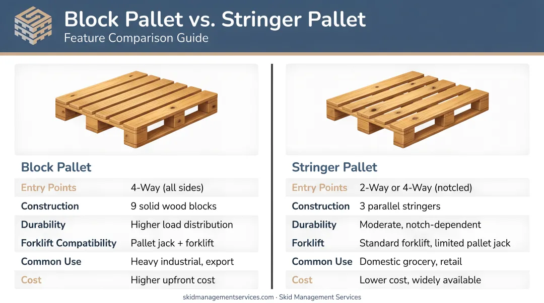 Block pallet versus stringer pallet side-by-side feature comparison infographic