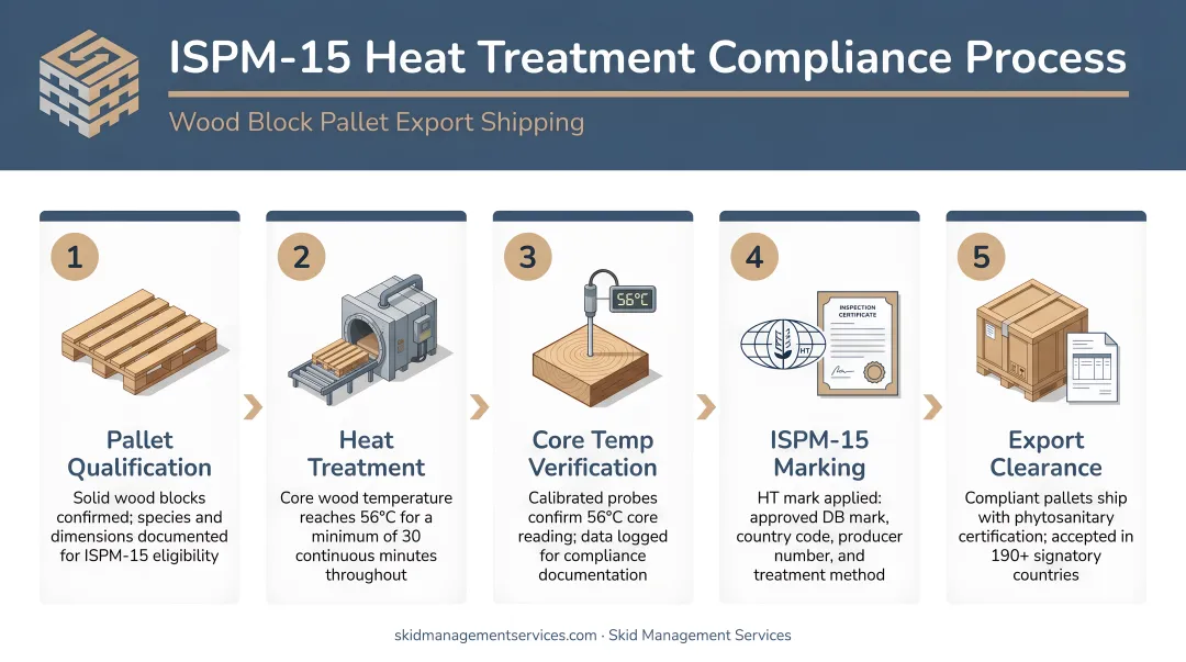 ISPM-15 heat treatment compliance process for wood block pallet export shipping