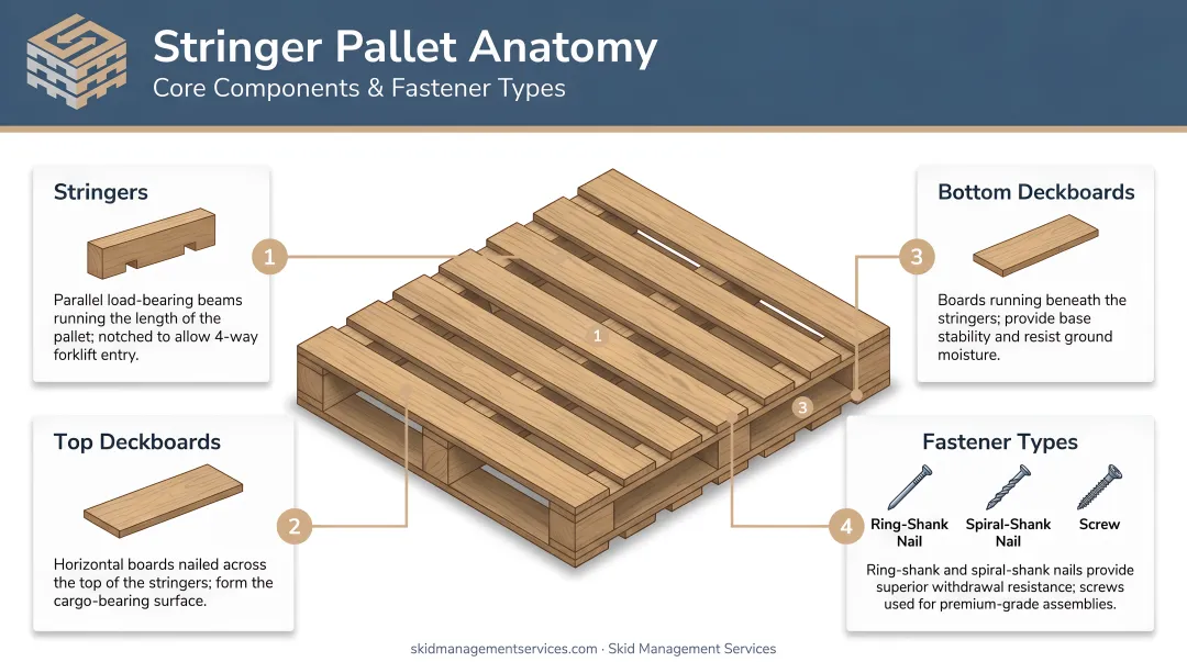 Stringer pallet anatomy four core components diagram with fastener types