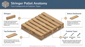 Stringer pallet anatomy four core components diagram with fastener types