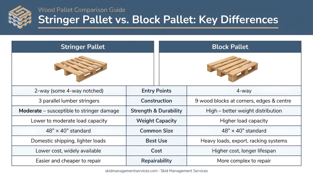 Stringer pallet versus block pallet side-by-side comparison chart key differences