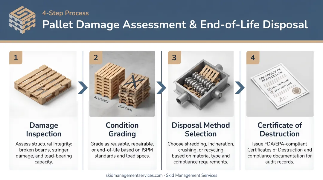 4-step pallet damage assessment and end-of-life disposal process flow
