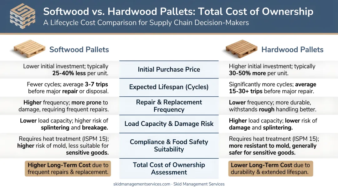 Softwood versus hardwood pallet total cost of ownership lifecycle cost comparison