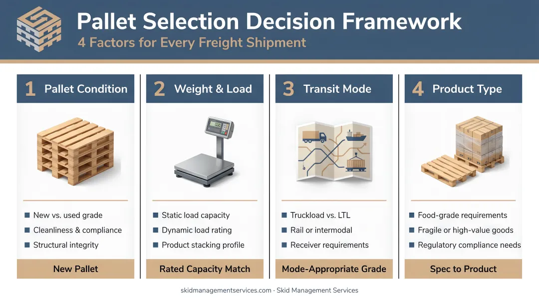 Four-factor pallet selection decision framework for freight shipments infographic