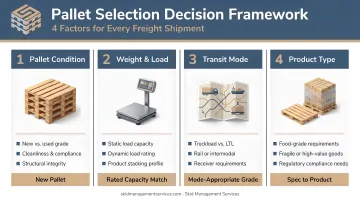 Four-factor pallet selection decision framework for freight shipments infographic