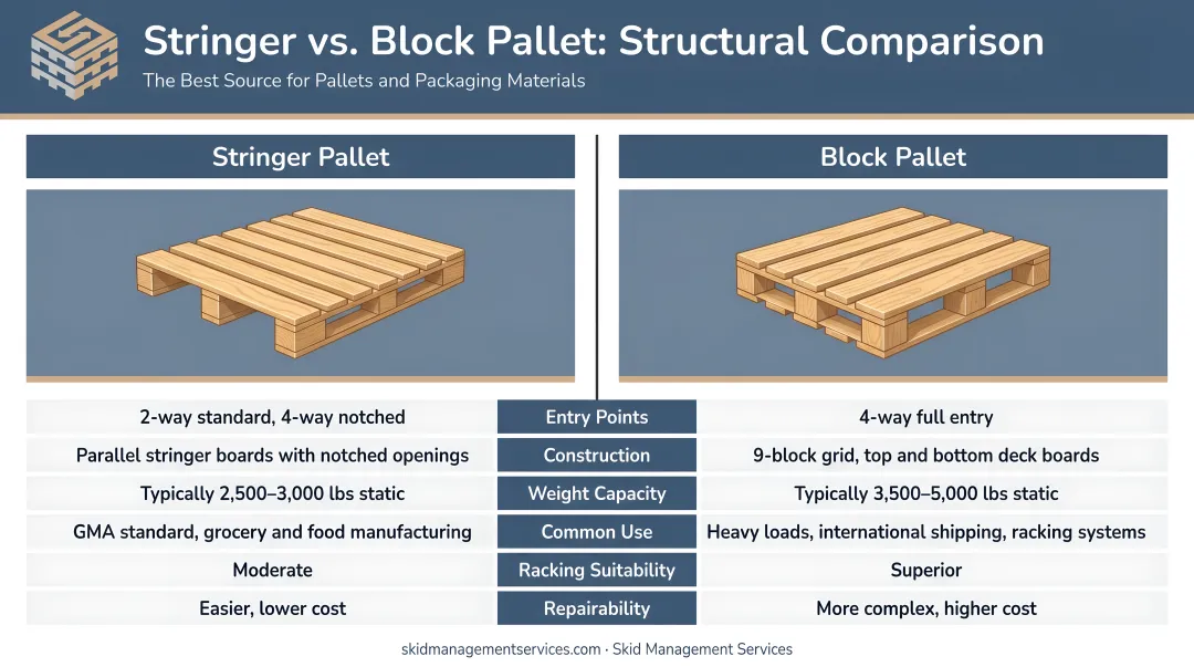 Stringer versus block pallet side-by-side structural comparison infographic