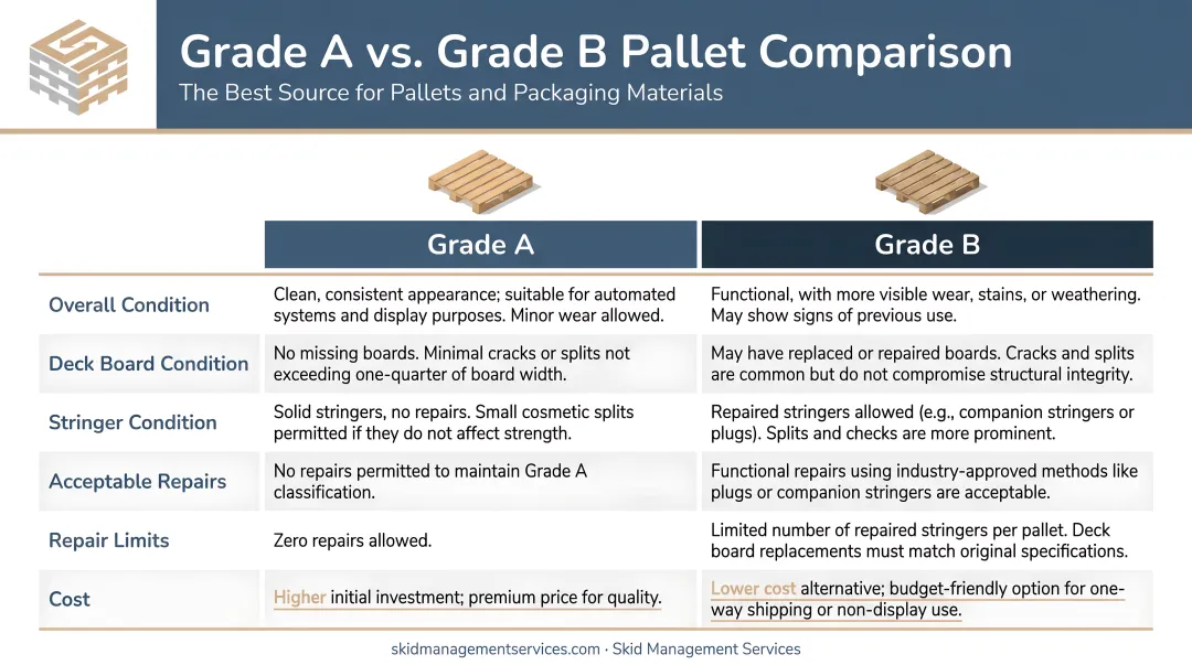 Grade A versus Grade B pallet comparison table covering condition repairs and cost