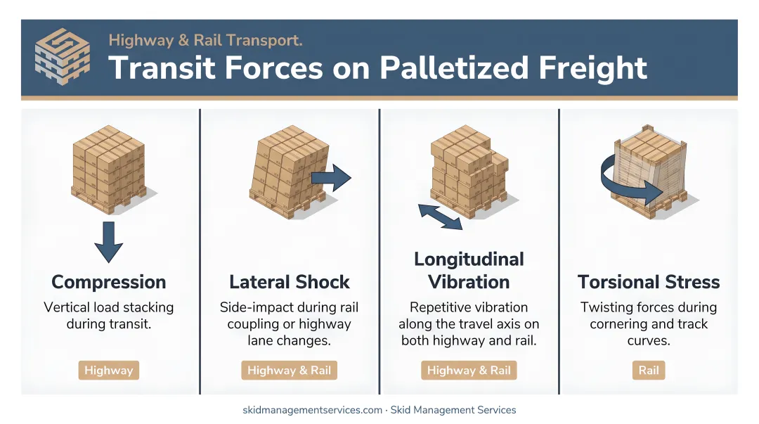 Four transit forces acting on palletized freight during highway and rail transport