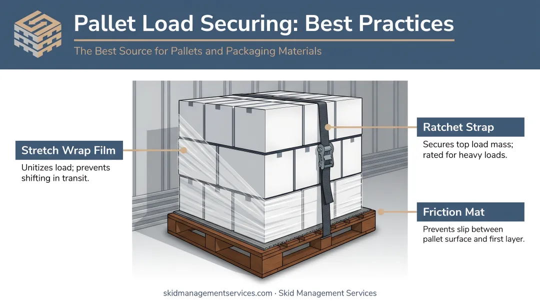 Pallet load secured with stretch wrap ratchet straps and friction mats in freight trailer