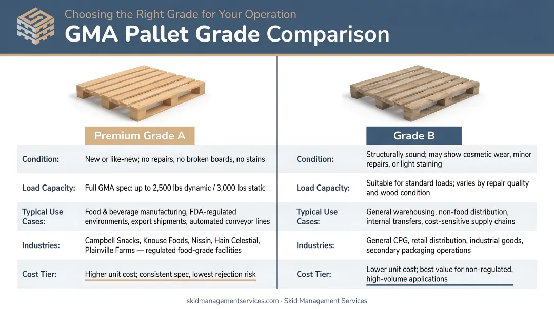 GMA pallet grade comparison chart Premium Grade A and Grade B use cases