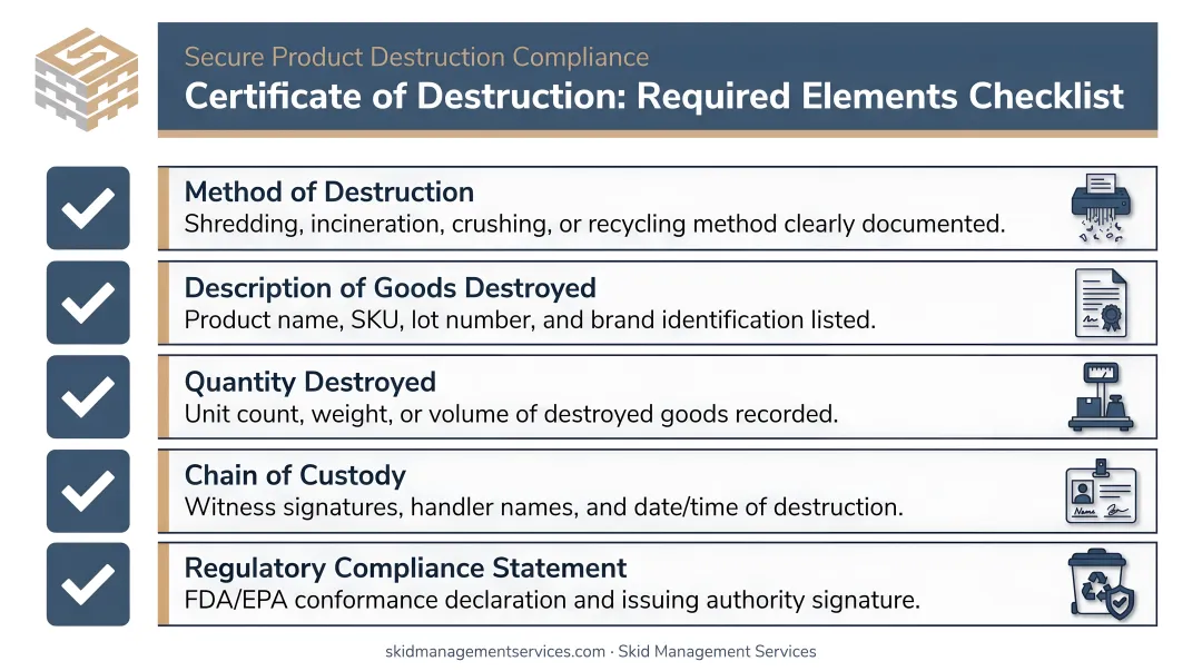 Certificate of Destruction required elements checklist with five core components